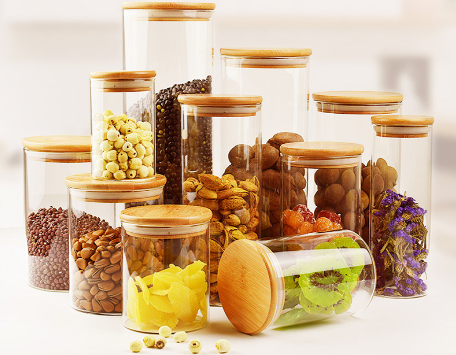 Multiple Size Kitchen Organizer Storage Jar, Custom Shape Square Round Glass Storage Jar with Bamboo Wood Lid