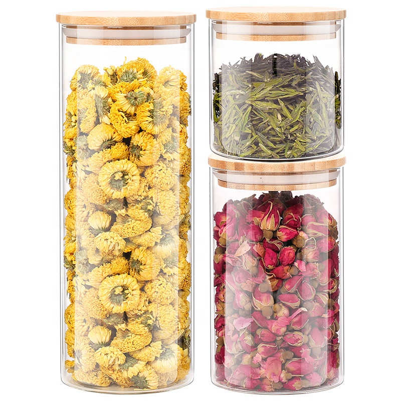 NEW 1000ML High Borosilicate Glass Jar Bamboo Lid Glass Storage Jar for Tube Shaped