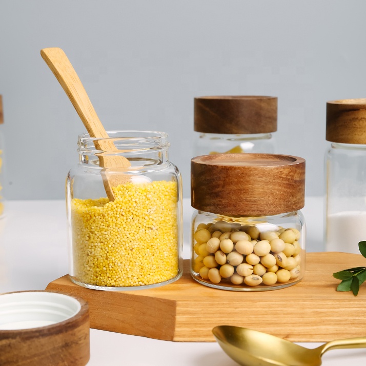 NEW 12oz Bamboo Glass Food Container with Lid Borosilicate Glass Jar Storage