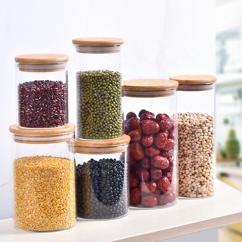 NEW 24 oz Borosilicate Glass Jar with Wooden Lid Glass Food Container