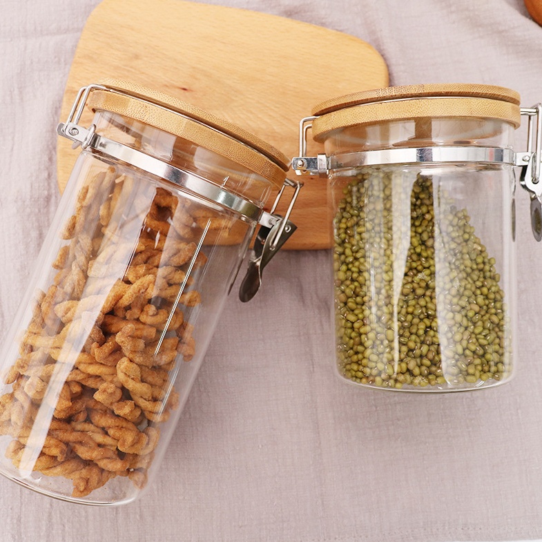 NEW Borosilicate Clip Glass Jars with Bamboo Lid and Metal Lock Glass Food Storage Container