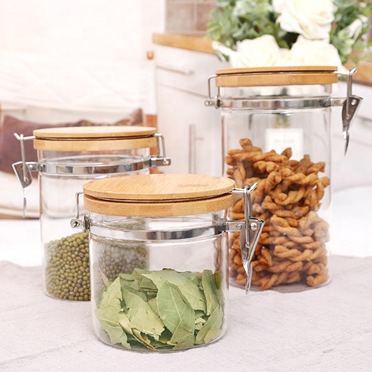 NEW Borosilicate Clip Glass Jars with Bamboo Lid and Metal Lock Glass Food Storage Container
