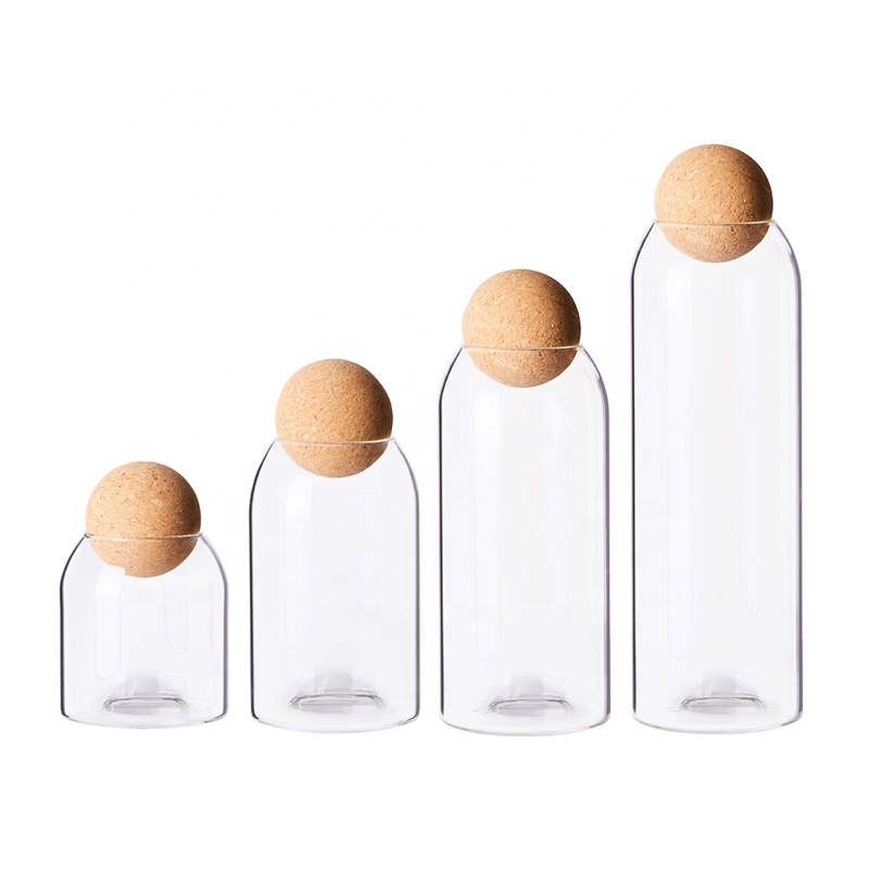 NEW Borosilicate Glass Jar with Cork Lid Round Storage Glass Jar with Ball Shaped Cork