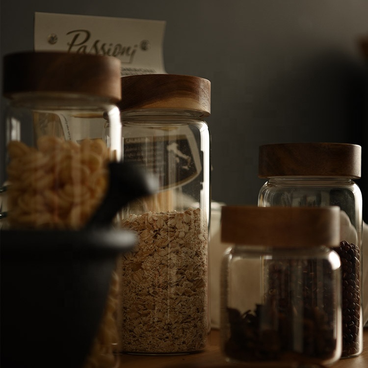 NEW Borosilicate Glass Jar with Wooden Lid Screw on Lid Glass Food Container