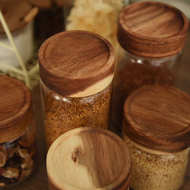 NEW Borosilicate Glass Jar with Wooden Lid Screw on Lid Glass Food Container