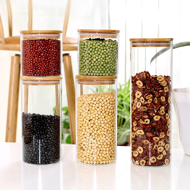 NEW High Borosilicate Glass Jar with Bamboo Wooden Lid Glass Storage Jar