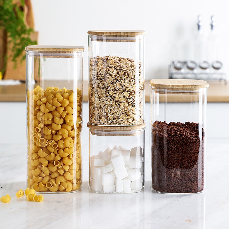NEW Square Borosilicate Glass Storage Jar with Bamboo Food Big Container Glass Jar Borosilicate