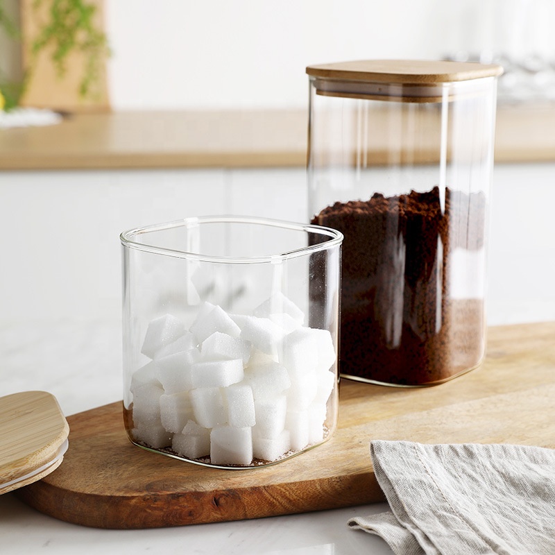 NEW Square Borosilicate Glass Storage Jar with Bamboo Food Big Container Glass Jar Borosilicate