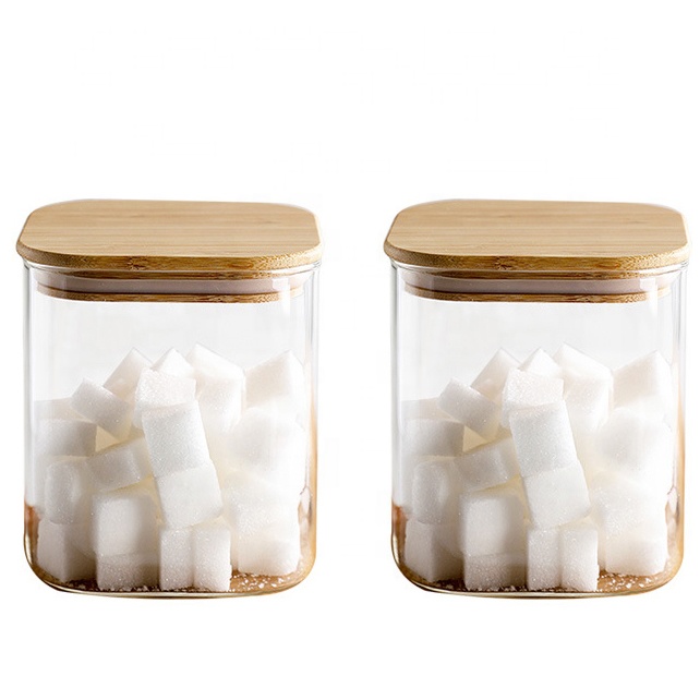 NEW Square High Borosilicate Glass Jar with Bamboo Wooden Lid 600ml Cylinder Glass Jar