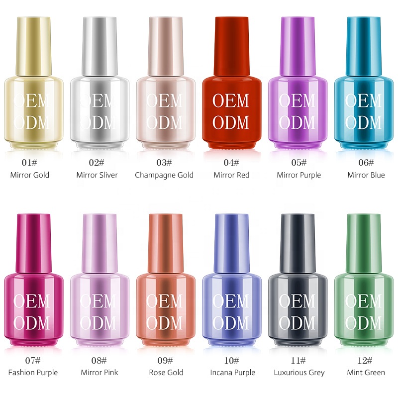 Nail art factory custom logo empty glass metal colors chrome uv gel nail polish bottle