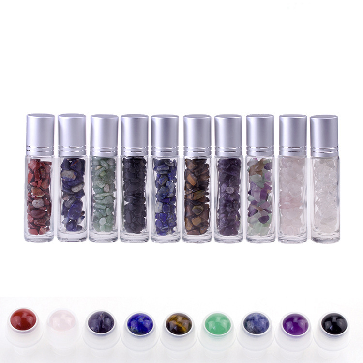 Natural Crystal Gemstone Empty Glass Roller Bottle Bamboo Cap Roller Ball Essential Oil Bottle 5ml 10ml