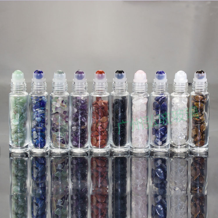 Natural Crystal Gemstone Empty Glass Roller Bottle Bamboo Cap Roller Ball Essential Oil Bottle 5ml 10ml