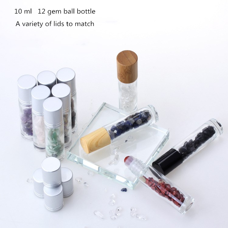 Natural Crystal Gemstone Empty Glass Roller Bottle Bamboo Cap Roller Ball Essential Oil Bottle 5ml 10ml