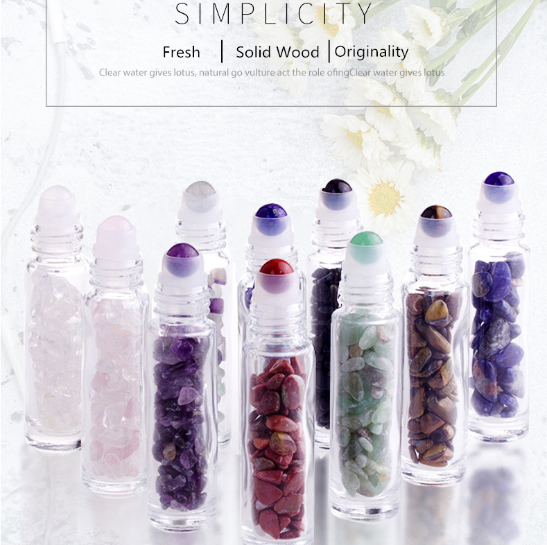 Natural Crystal Gemstone Empty Glass Roller Bottle Bamboo Cap Roller Ball Essential Oil Bottle 5ml 10ml