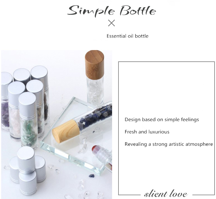 Natural Crystal Gemstone Empty Glass Roller Bottle Bamboo Cap Roller Ball Essential Oil Bottle 5ml 10ml