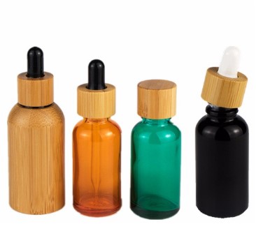 Natural Eco Cosmetic Container 30ml 1 oz matte black Rectangular frosted glass dropper bottle with bamboo cap