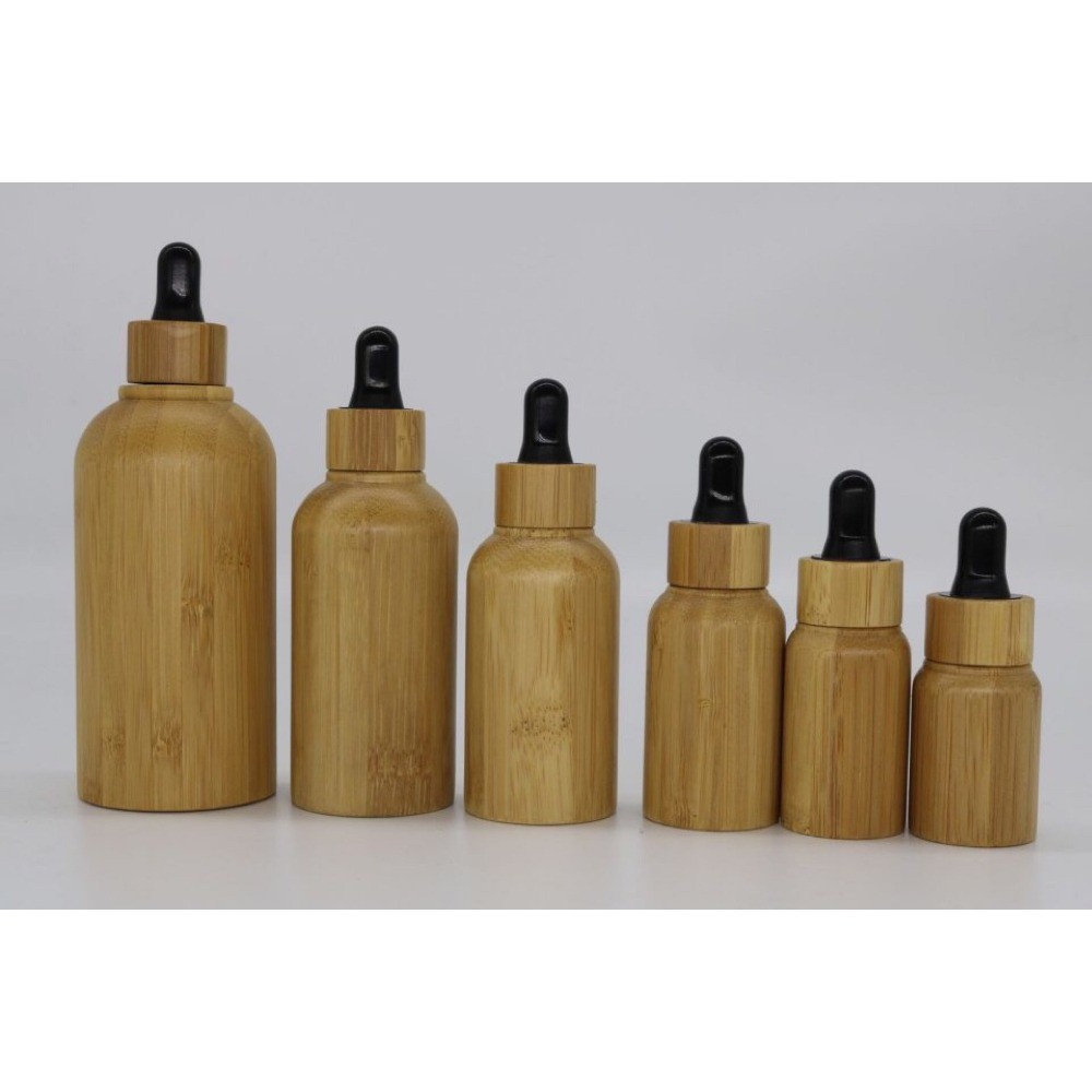 Natural Eco Cosmetic Container 30ml 1 oz matte black Rectangular frosted glass dropper bottle with bamboo cap