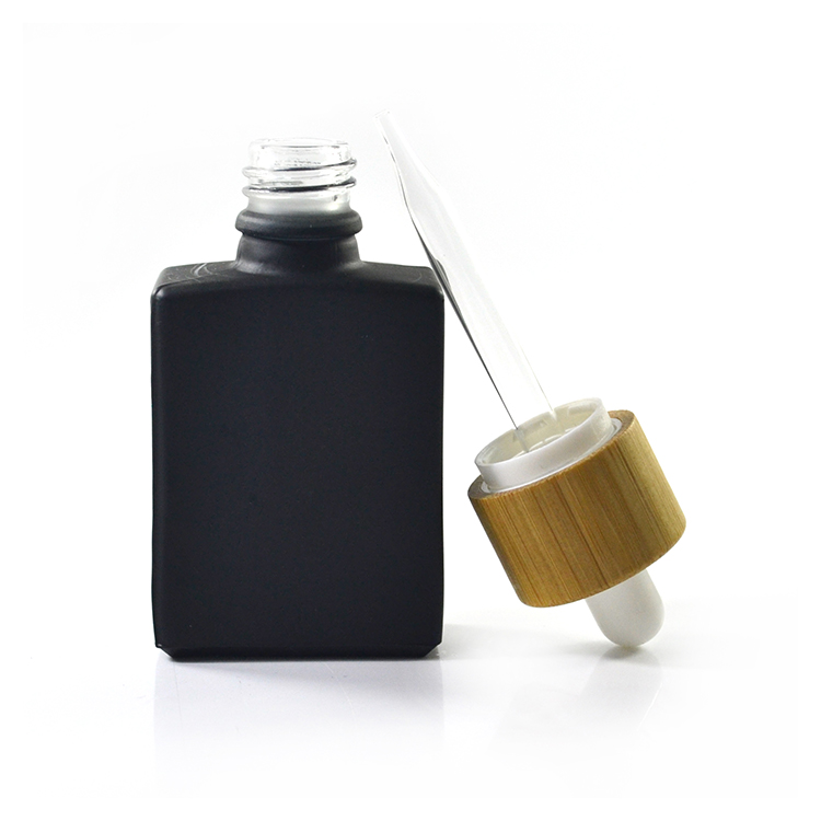 Natural Eco Cosmetic Container 30ml 1 oz matte black Rectangular frosted glass dropper bottle with bamboo cap