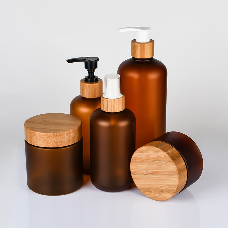 Natural bamboo lid frost amber 150g 250g cosmetic jar 30ml 60ml 120ml 250ml 500ml plastic bottle with pump sprayer