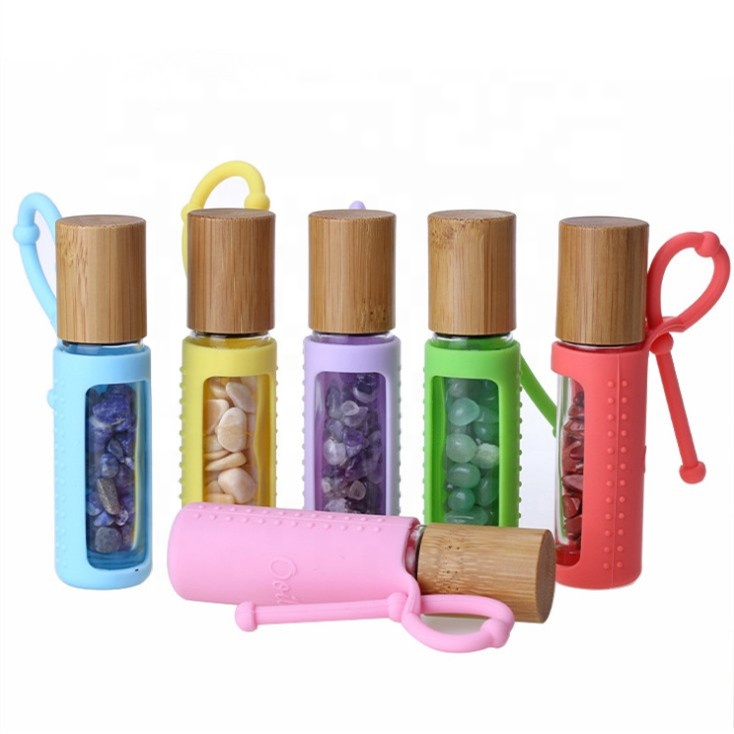 Natural bamboo lid perfume roller vials 10ml gemstone glass roll on bottle