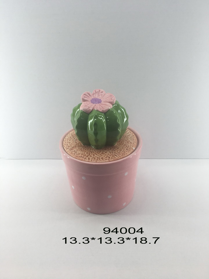 Natural cactus design Easter decorative dolomite ceramic storage jar with lid