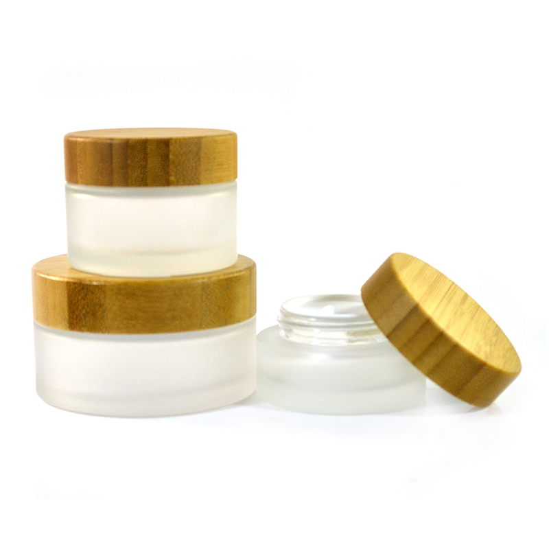 Natural cosmetic packaging 5g 15g 30g 50g 100g frosted clear  glass cream jar with bamboo lid