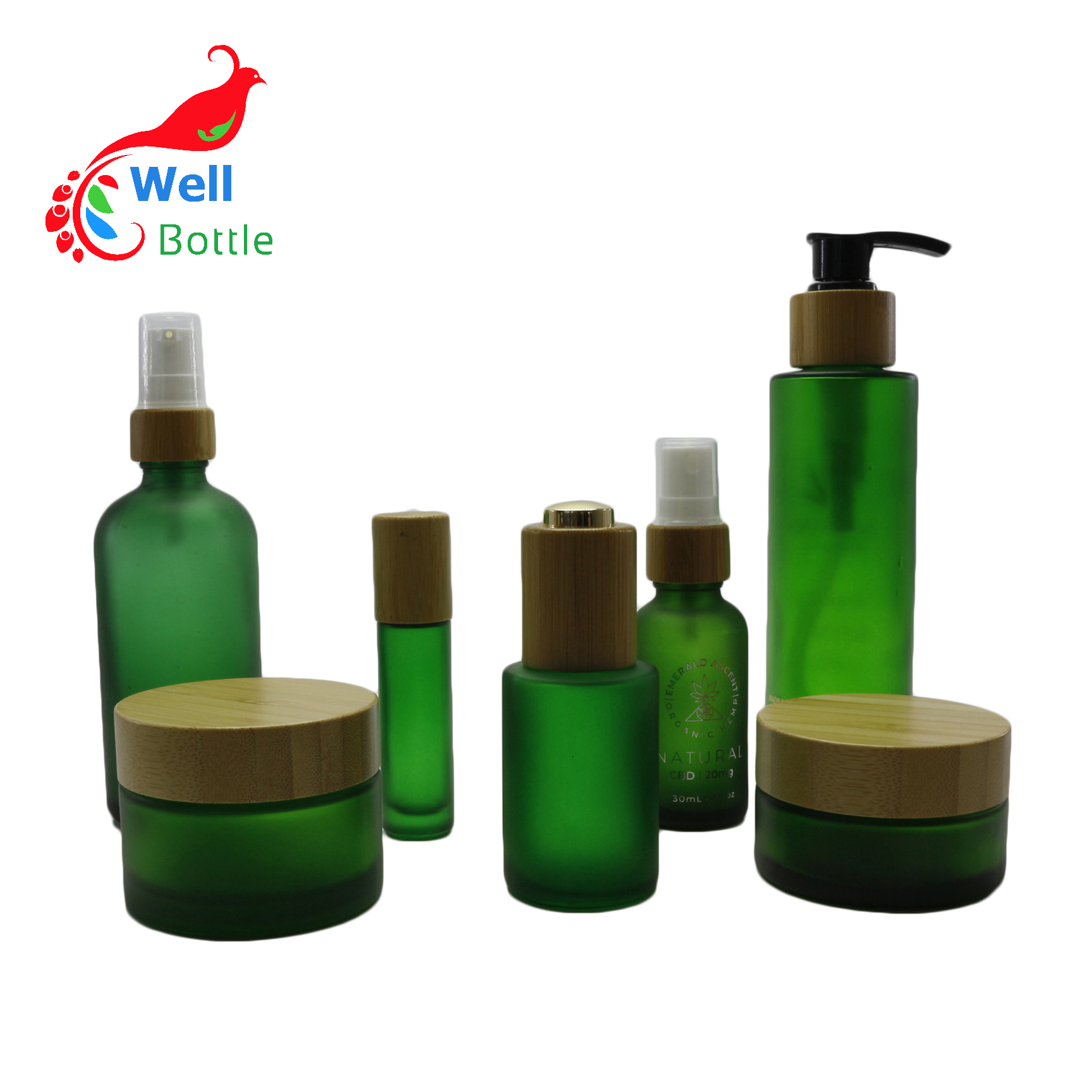 Natural cosmetic packaging frosted green Glass lotion Bottles Skin Care Cream Jar With Bamboo Lid  BP407E