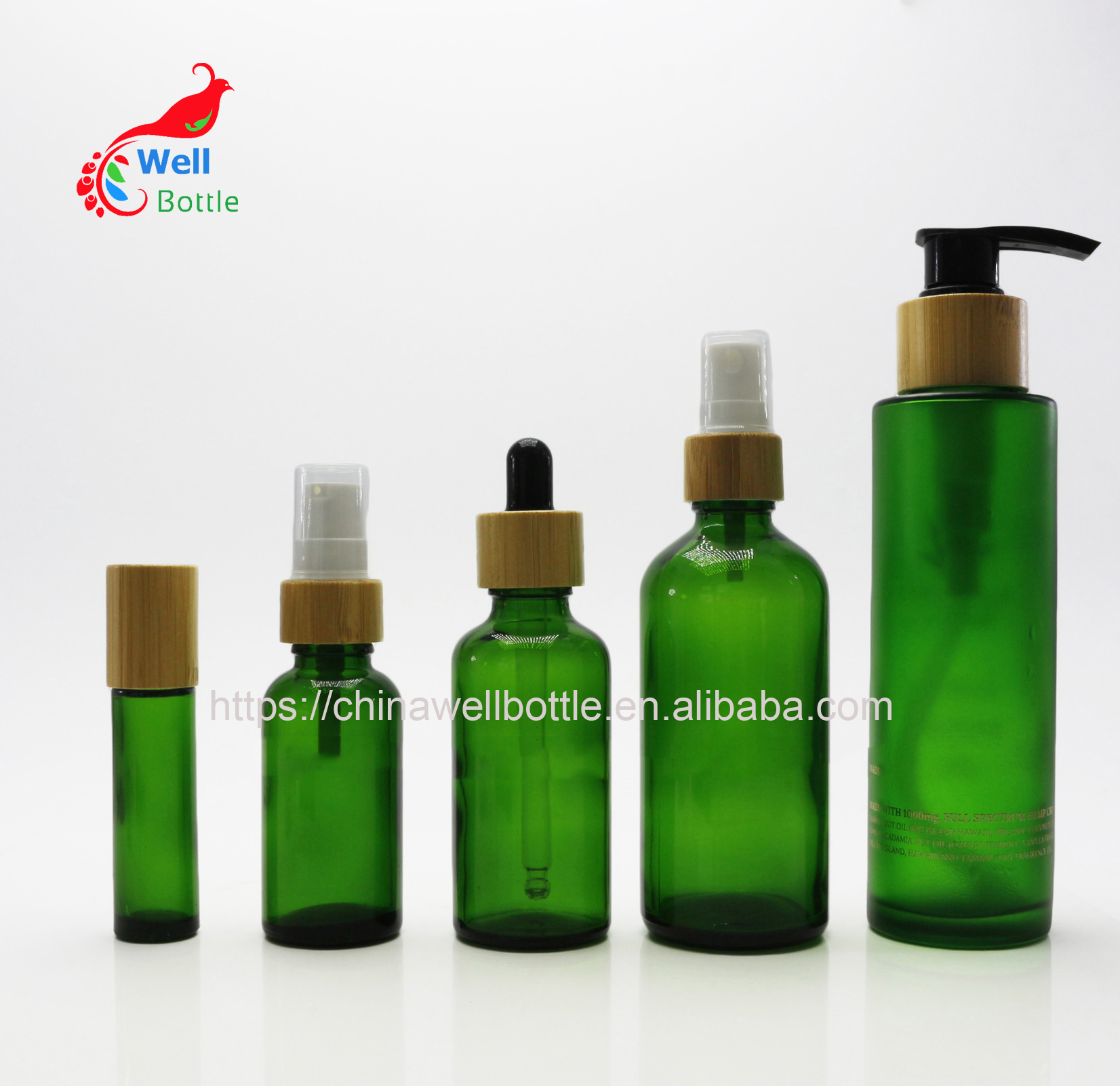 Natural cosmetic packaging frosted green Glass lotion Bottles Skin Care Cream Jar With Bamboo Lid BP407E