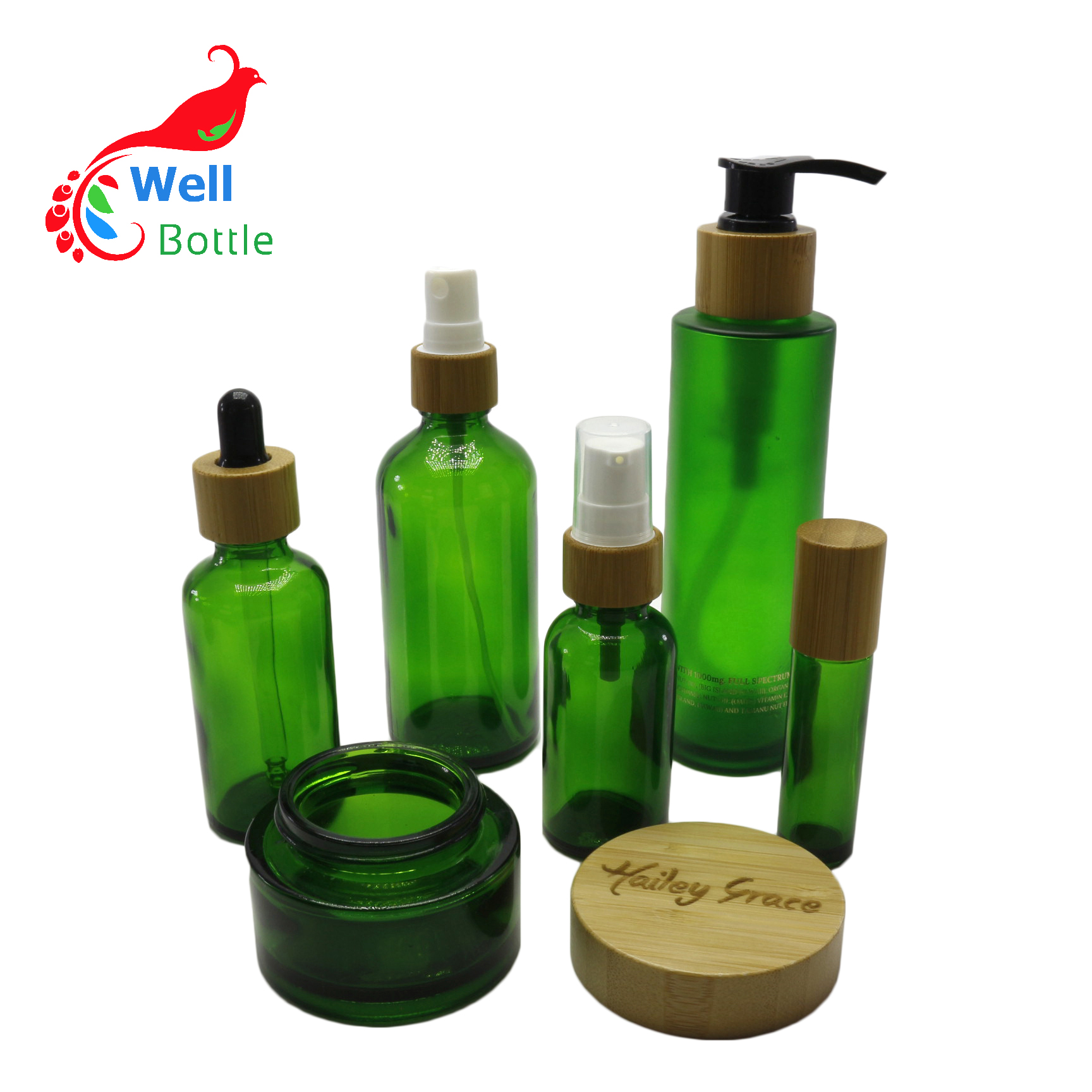 Natural cosmetic packaging frosted green Glass lotion Bottles Skin Care Cream Jar With Bamboo Lid BP407E