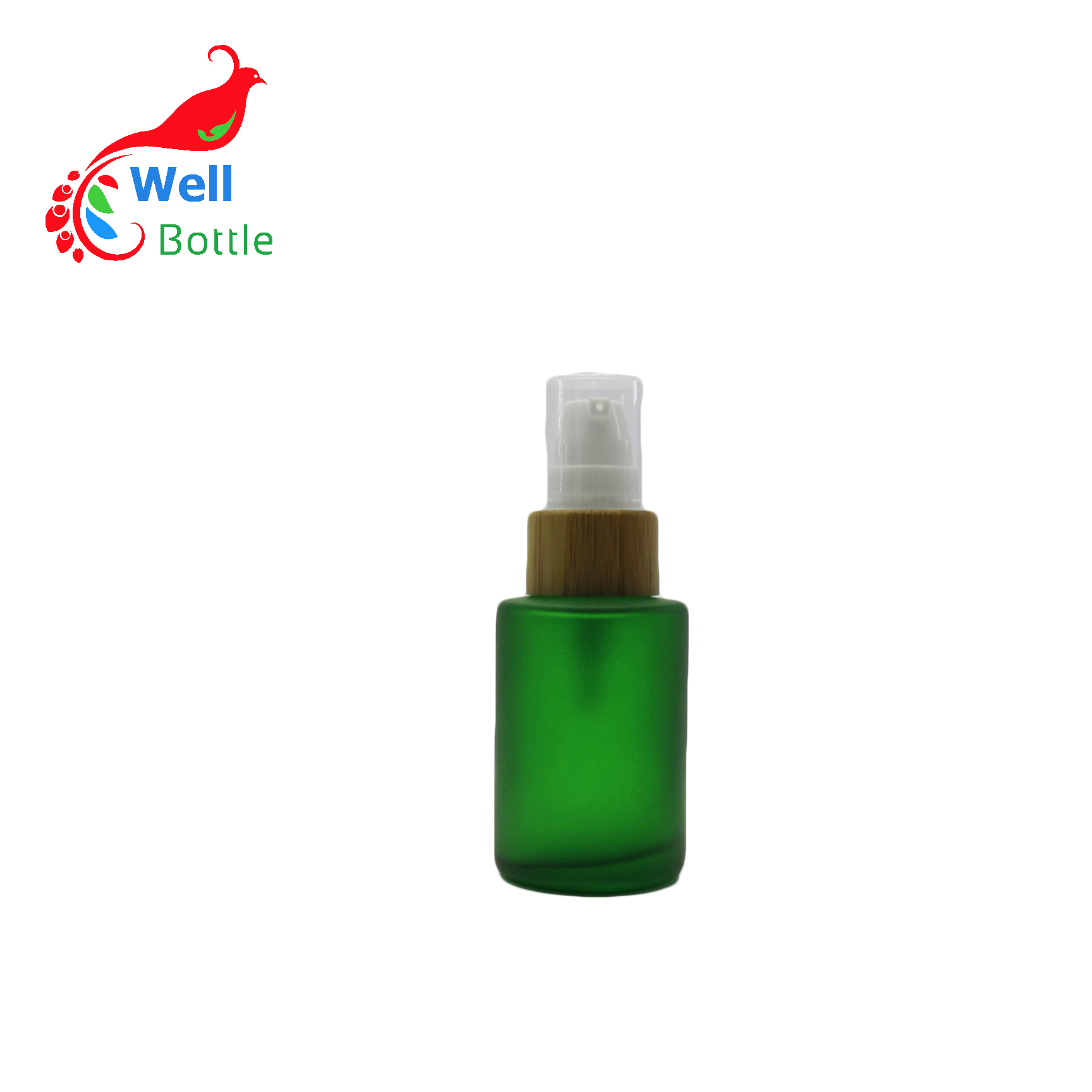 Natural cosmetic packaging frosted green Glass lotion Bottles Skin Care Cream Jar With Bamboo Lid BP407E