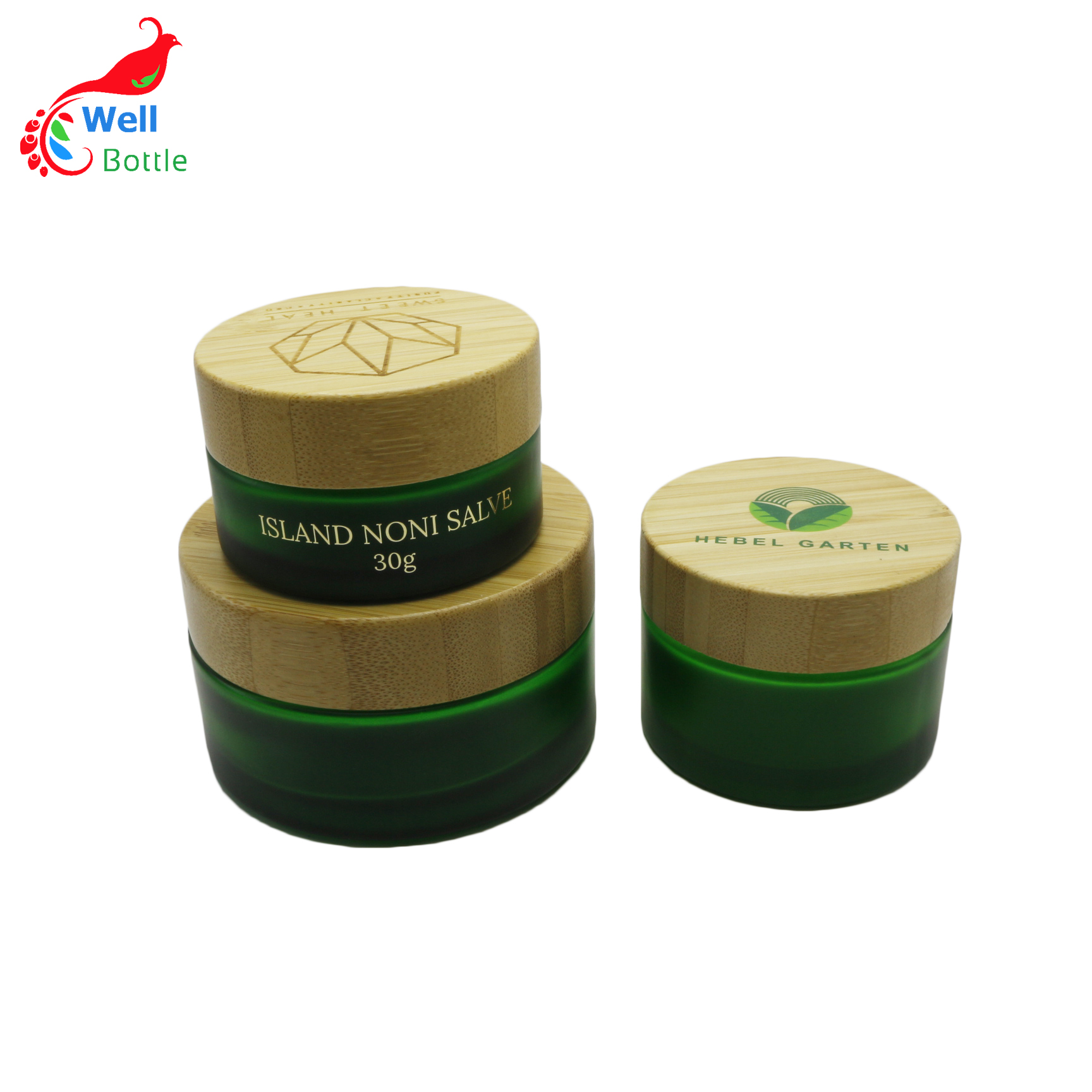 Natural frosted green glass cosmetic jars 30g 50g 100g bamboo lid cream glass jar with engraving /screen printing logo J016E