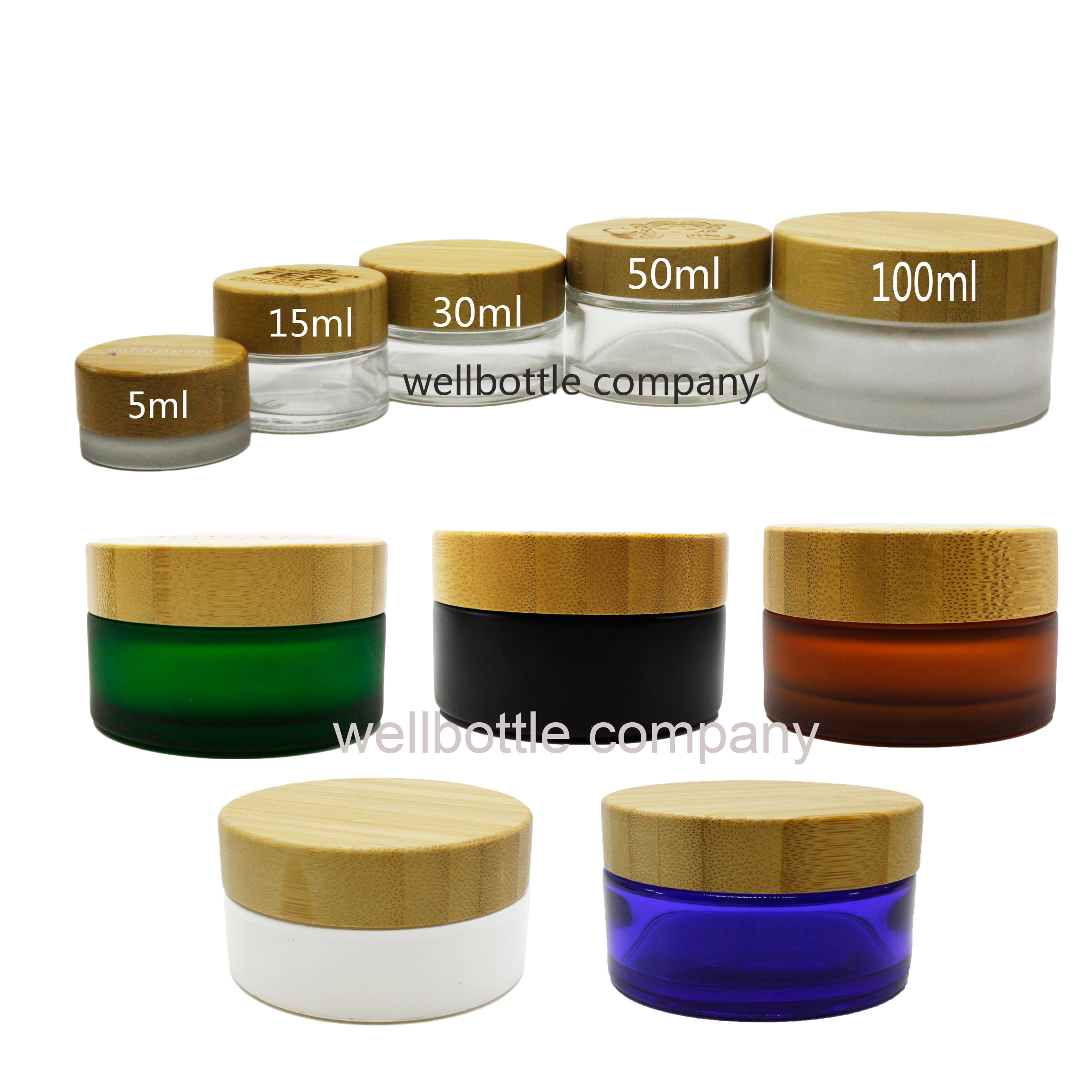 Natural frosted green glass cosmetic jars 30g 50g 100g bamboo lid cream glass jar with engraving /screen printing logo J016E