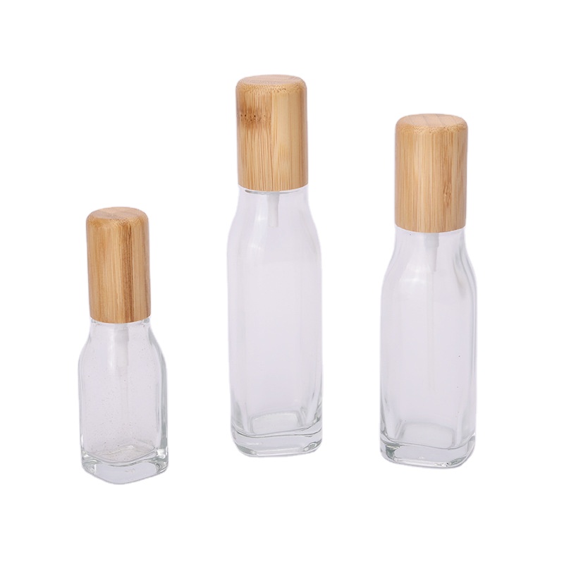 Natural luxury cosmetic glass bamboo lotion pump bottle 100ml