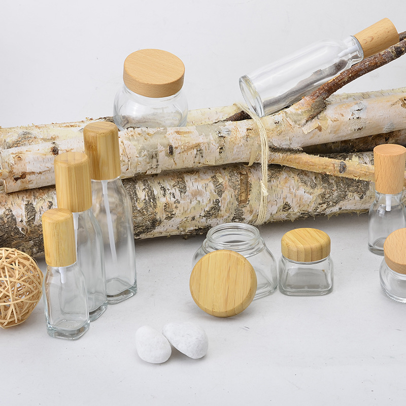 Natural luxury cosmetic glass bamboo lotion pump bottle 100ml