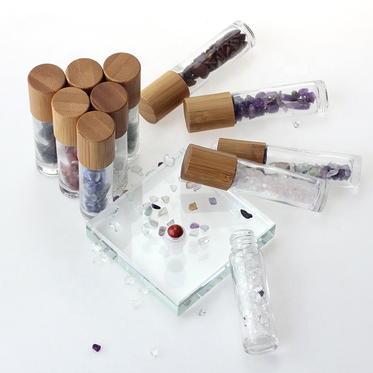 Natural perfume essential oil 10ml gemstone roller crystal glass roll on bottle with bamboo cap