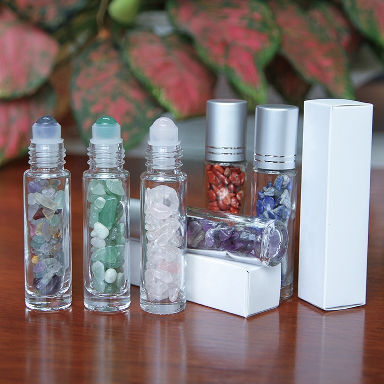 Natural perfume essential oil 10ml gemstone roller crystal glass roll on bottle with bamboo cap