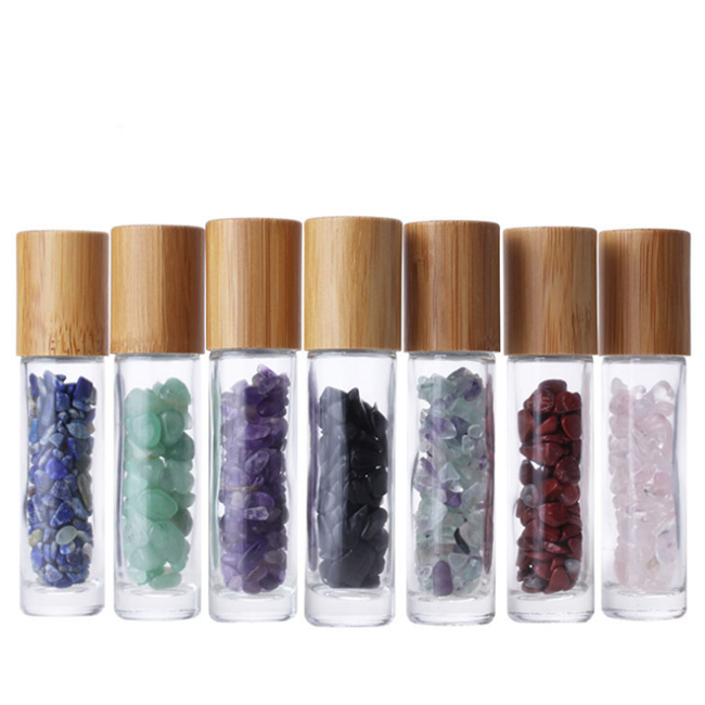 Natural precious Stones 10ml Essential Oil Gemstone Roller Ball Bottles Transparent Glass 10ml Perfume Bottle with Bamboo Lid