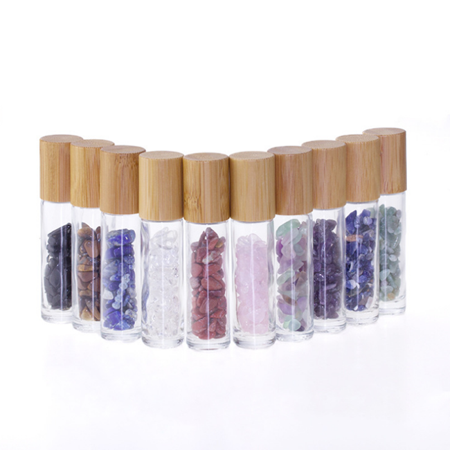 Natural precious Stones 10ml Essential Oil Gemstone Roller Ball Bottles Transparent Glass 10ml Perfume Bottle with Bamboo Lid