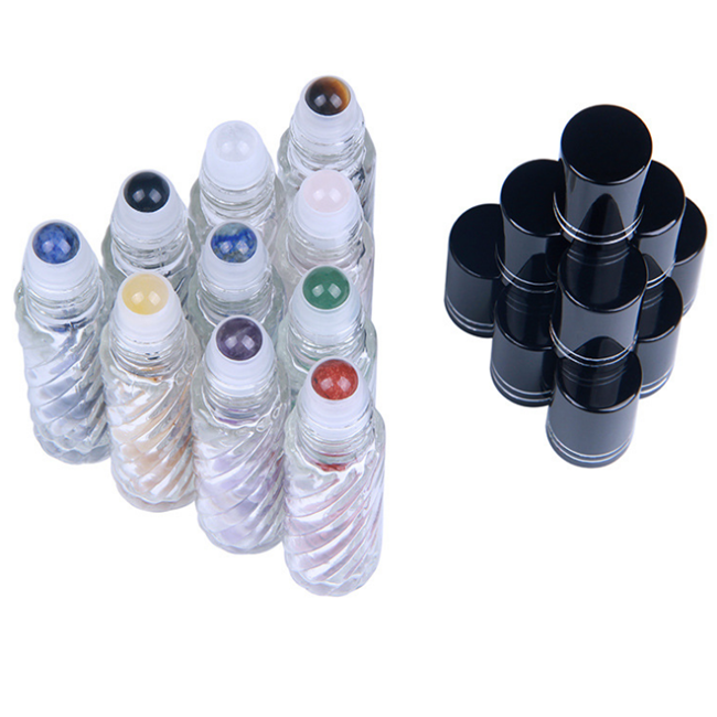 Natural precious Stones 10ml Essential Oil Gemstone Roller Ball Bottles Transparent Glass 10ml Perfume Bottle with Bamboo Lid
