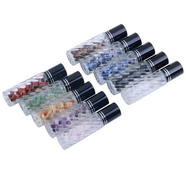 Natural precious Stones 10ml Essential Oil Gemstone Roller Ball Bottles Transparent Glass 10ml Perfume Bottle with Bamboo Lid