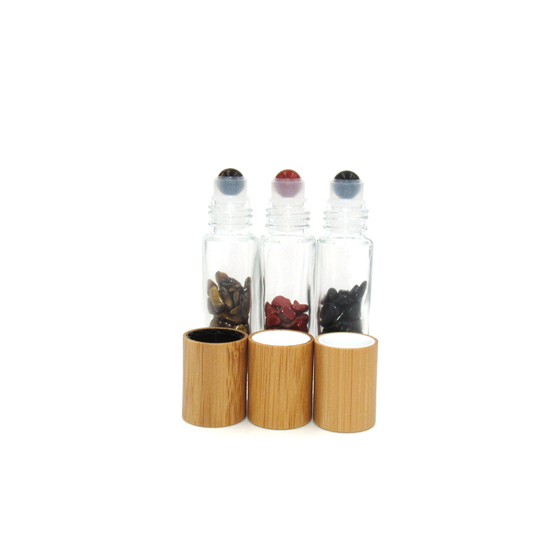 Natural precious Stones 10ml Essential Oil Gemstone Roller Ball Bottles Transparent Glass 10ml Perfume Bottle with Bamboo Lid