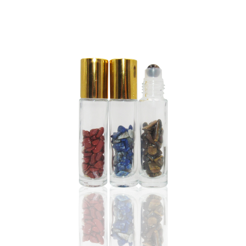 Natural precious Stones 10ml Essential Oil Gemstone Roller Ball Bottles Transparent Glass 10ml Perfume Bottle with Bamboo Lid