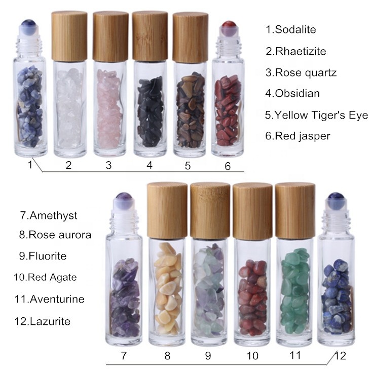 Natural stone 10ml perfume roll on bottle 10ml bamboo lid gemstone essential oil glass roller bottle