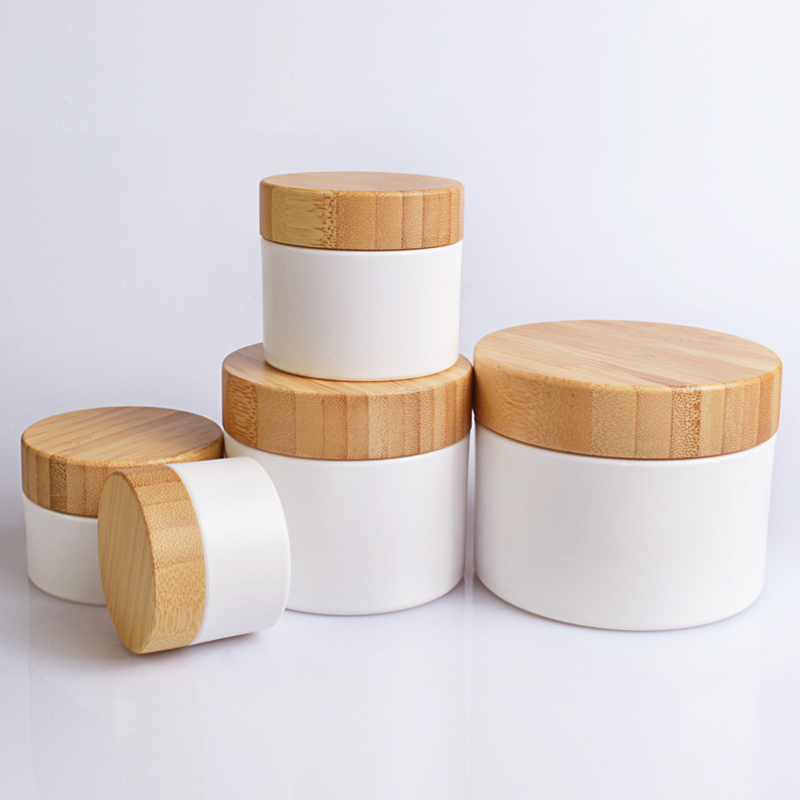 Natural white Cosmetic container 100g PP plastic skin care face cream jar with bamboo lid