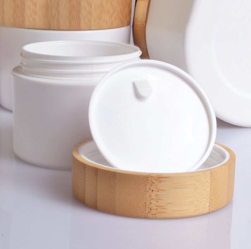 Natural white Cosmetic container 100g PP plastic skin care face cream jar with bamboo lid