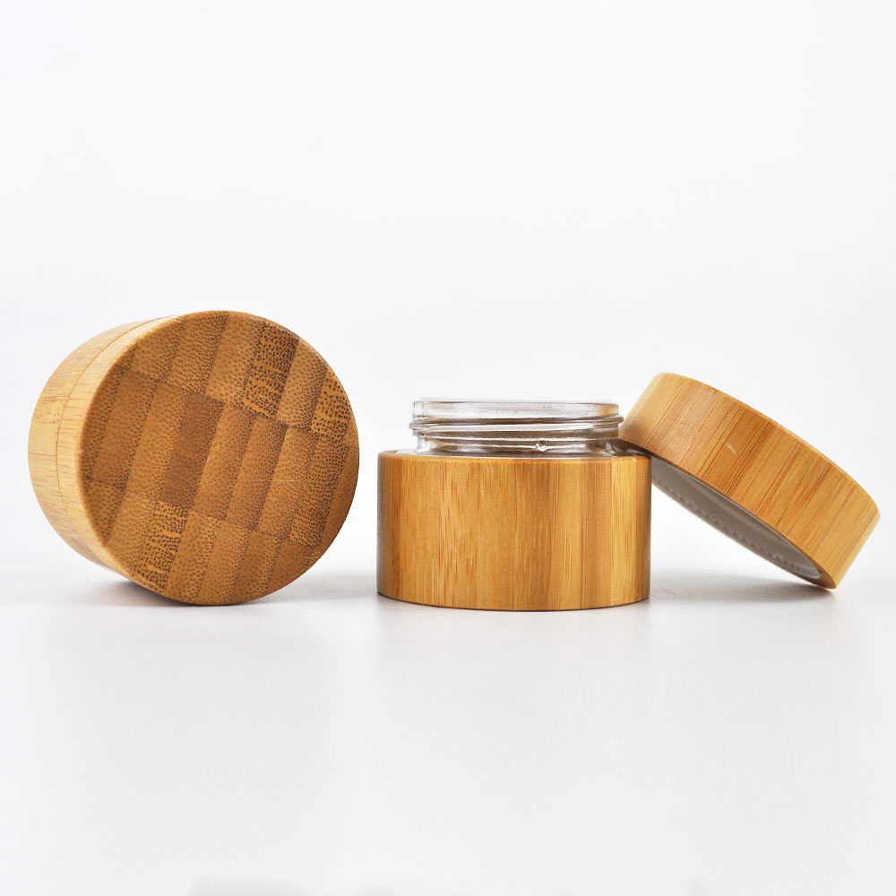 Nature bamboo full covered glass liner cosmetic jar 30g 50g for makeup packaging
