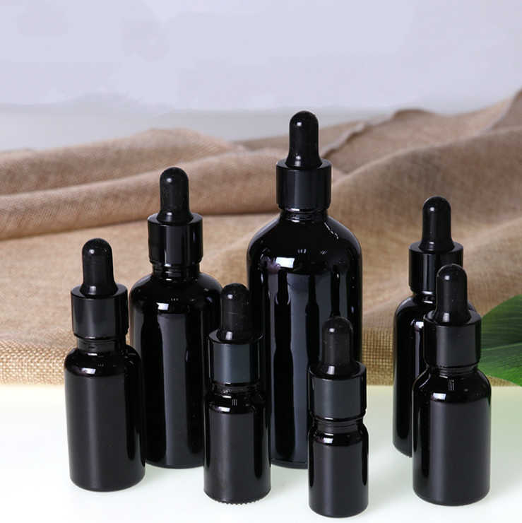 New 10ml 15ml 30ml 100ml black glass liquid essential oil bottle with 18 screw neck black glass dropper bottle for skin care