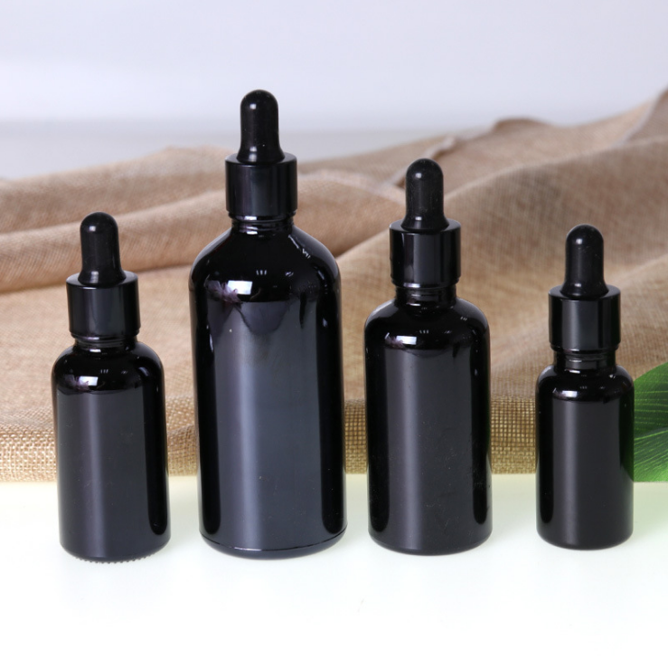 New 10ml 15ml 30ml 100ml black glass liquid essential oil bottle with 18 screw neck black glass dropper bottle for skin care