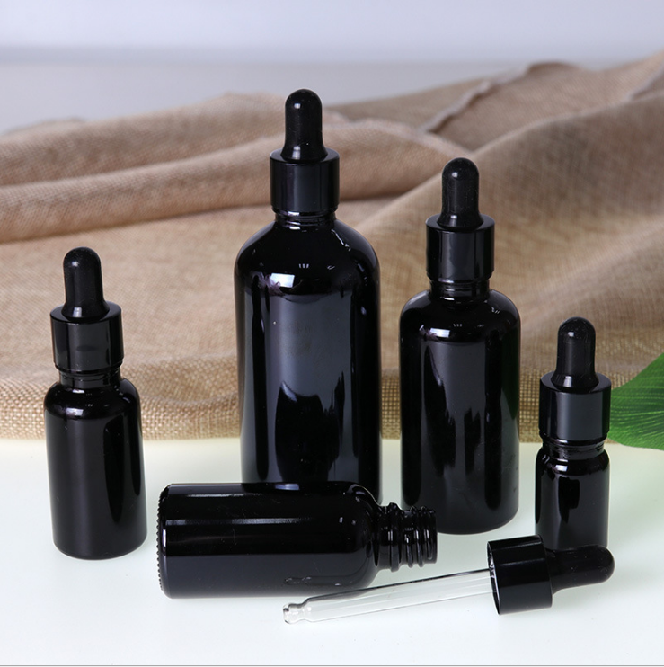 New 10ml 15ml 30ml 100ml black glass liquid essential oil bottle with 18 screw neck black glass dropper bottle for skin care