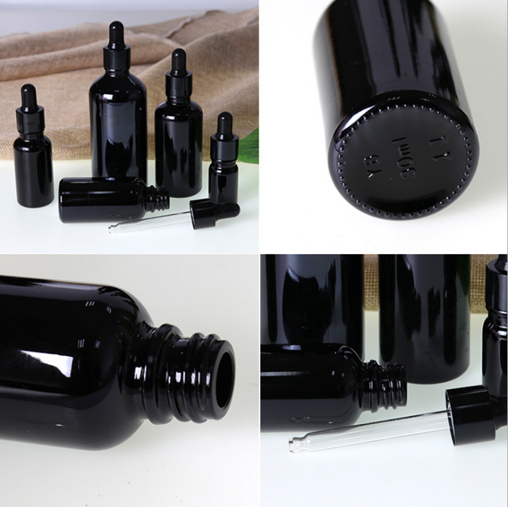 New 10ml 15ml 30ml 100ml black glass liquid essential oil bottle with 18 screw neck black glass dropper bottle for skin care